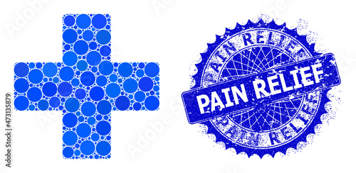 Pharmacy cross vector composition of round dots in various sizes and blue color tints, and rubber Pain Relief stamp seal. Blue round sharp rosette stamp seal contains Pain Relief tag inside it. photo