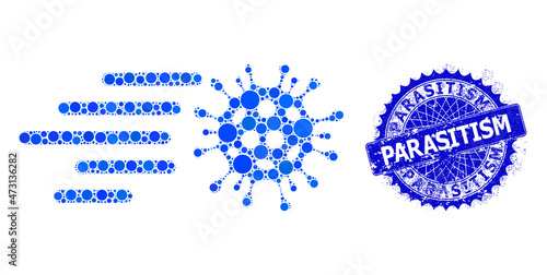 Rush virus vector composition of dots in various sizes and blue color tones, and textured Parasitism stamp seal. Blue round sharp rosette stamp seal includes Parasitism title inside.