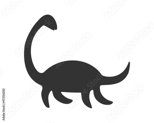 Nessie or Loch Ness monster silhouette isolated on white background. Dinosaur plesiosaur icon. Vector graphic illustration.