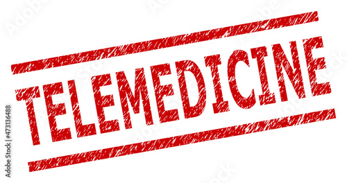 Red TELEMEDICINE seal stamp. TELEMEDICINE seal stamp with parallel line elements. Rough TELEMEDICINE seal in red color, with unclean surface.