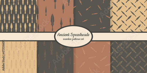 Collection of seamless patterns with ancient spearheads designed for web, fabric, paper and all prints 