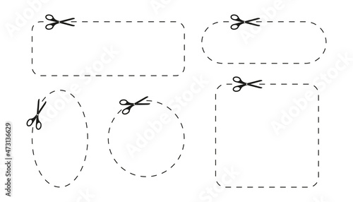Set of scissors icons cutting different shapes with dotted lines. Cut here pictograms for paper discount coupons, vouchers, promo codes. Outline graphic vector illustration.