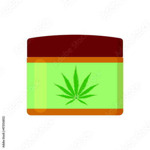 CBD oil cream with cannabis leaf on label. Hemp cosmetic product for skin in bottle isolated on white background. Cannabidiol for beauty care. Vector cartoon illustration