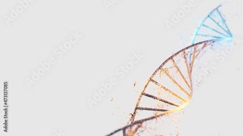 High quality colorful DNA molecule with particle cells around in white background. Medical technology presentation. 3d simulation and render.