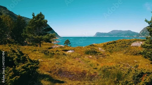 Slow flight over the green meadow, over the mountain path, down towards the sea. A lot of grass, clear, azure water and sunny weather. The sea and mountains in the background. Norway 2020. photo