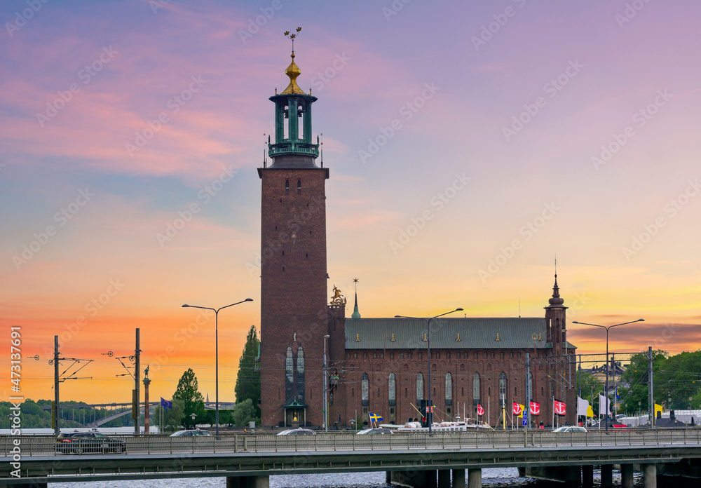 Stockholm City Hall building at sunset, Sweden