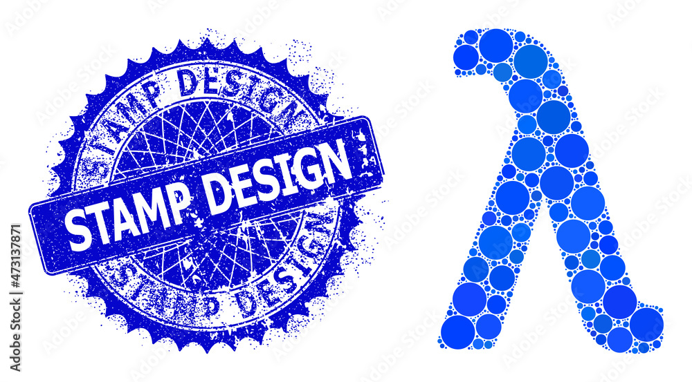 Lambda Greek lowercase symbol vector collage of dots in variable sizes and blue color tints, and textured Stamp Design seal. Blue round sharp rosette stamp seal has Stamp Design title inside. Lambda Greek lowercase symbol vector collage of dots in variable sizes and blue color tints, and textured Stamp Design seal. Blue round sharp rosette stamp seal has Stamp Design title inside.
