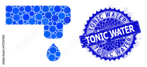 Kitchen tap vector composition of dots in various sizes and blue color hues, and grunge Tonic Water stamp seal. Blue round sharp rosette stamp seal includes Tonic Water text inside.