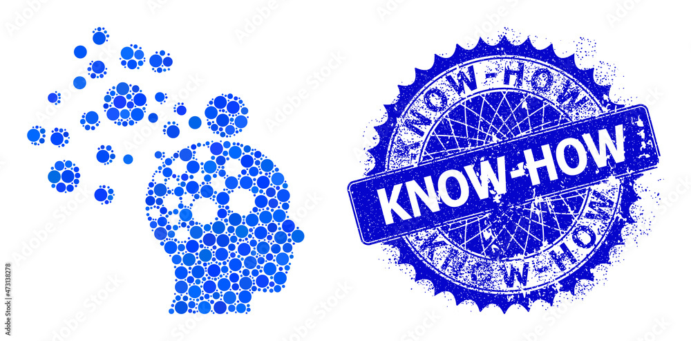Man idea generation vector collage of round dots in different sizes and blue color tinges, and distress Know-How badge. Blue round sharp rosette badge includes Know-How caption inside it. Man idea generation vector collage of round dots in different sizes and blue color tinges, and distress Know-How badge. Blue round sharp rosette badge includes Know-How caption inside it.