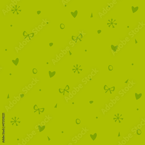 Vector winter pattern on a green background with a design of snowflakes, triangles, circles, dots, bows and hearts