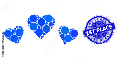 Love rating vector composition of round dots in different sizes and blue color hues, and rubber 1St Place seal. Blue round sharp rosette seal has 1St Place text inside it.