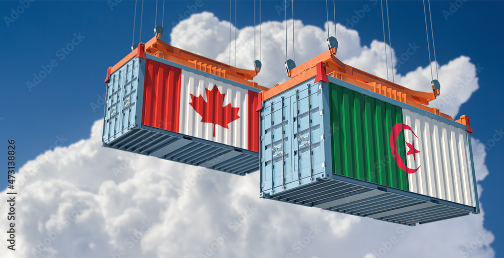 Freight containers with Algeria and Canada national flags. 3D Rendering 