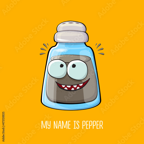 Vector cartoon pepper shaker with smiling faces isolated on orange background. Funky Kawaii pepper character. My name is pepper concept illustration for printing on tee
