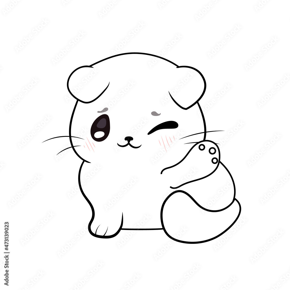 White Cartoon Kitten Isolated on White Background, Coloring Illustration, Contour Lines. White Cartoon Kitten Isolated on White Background, Coloring Illustration, Contour Lines.