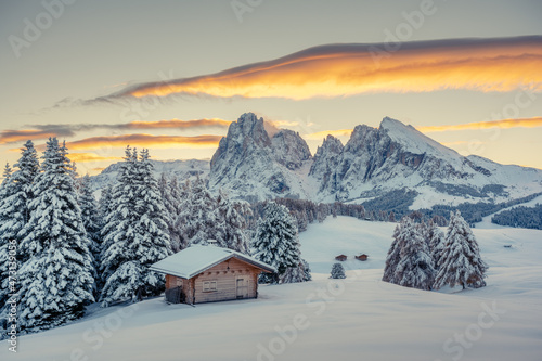 Picturesque landscape with small wooden log cabin on meadow Alpe di Siusi on sunrise time. Seiser Alm, Dolomites, Italy. Snowy hills with orange larch and Sassolungo and Langkofel mountains group photo