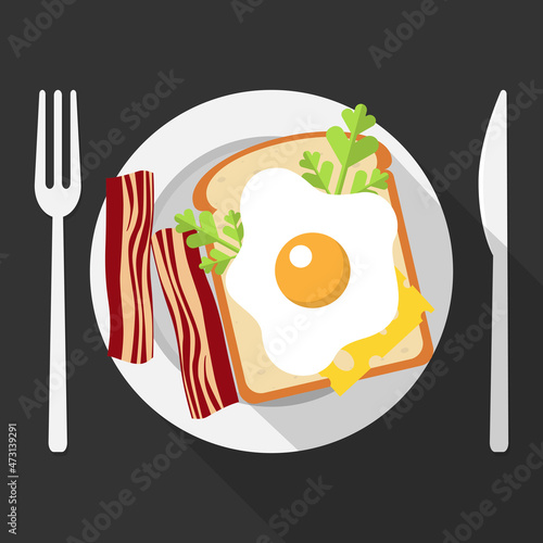 breakfast, plate with cutlery, amlet, bacon, bread, greens, coffee cup, dark background, flat style, vector