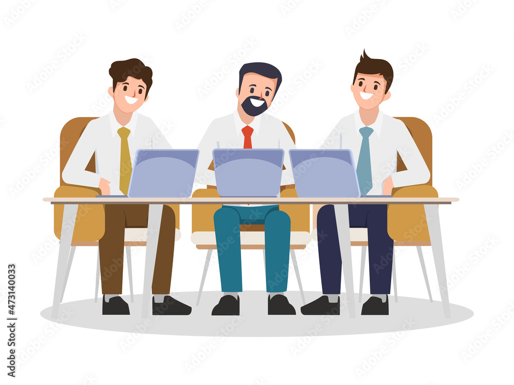 Brainstorming teamwork working with laptop character. Flat cartoon illustration vector design. Brainstorming teamwork working with laptop character. Flat cartoon illustration vector design.