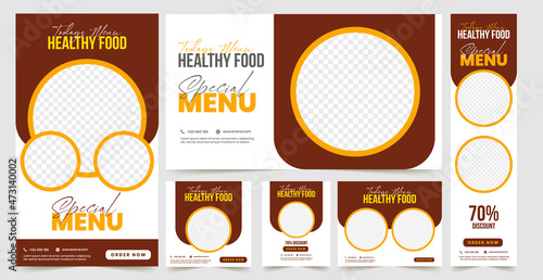 Set of Editable square banners. Food instagram post template design. Suitable for Social Media Post Restaurant and culinary Promotion. Red and yellow background color with stripe line shape vector. (ID: 473140002)