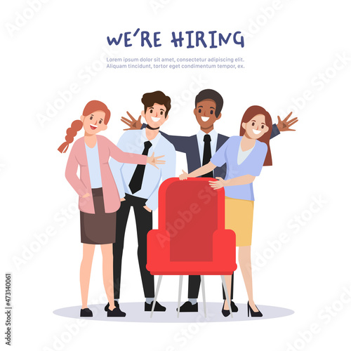 Business people group in office and vacant seat job. Animation cartoon vector flat design.