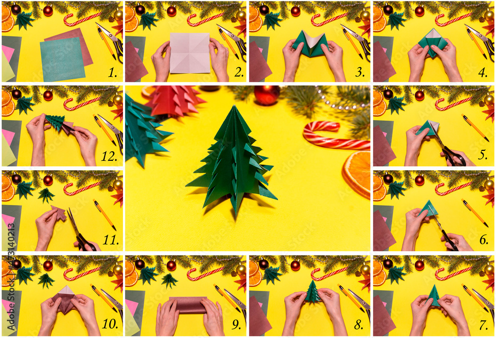 How to make origami Christmas tree from colored paper. Children's art
