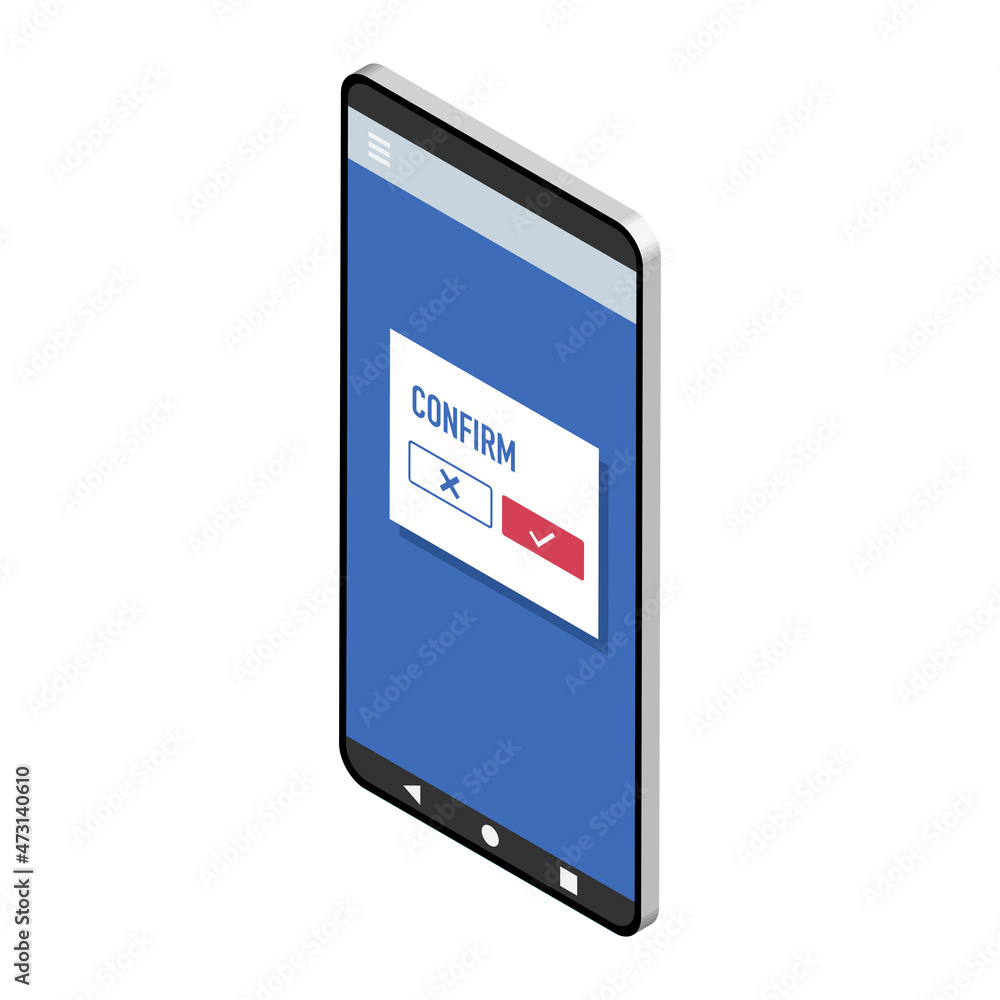 確認画面を表示するアイソメトリックなスマートフォンベクターイラスト左向き 確認画面を表示するアイソメトリックなスマートフォンベクターイラスト左向き