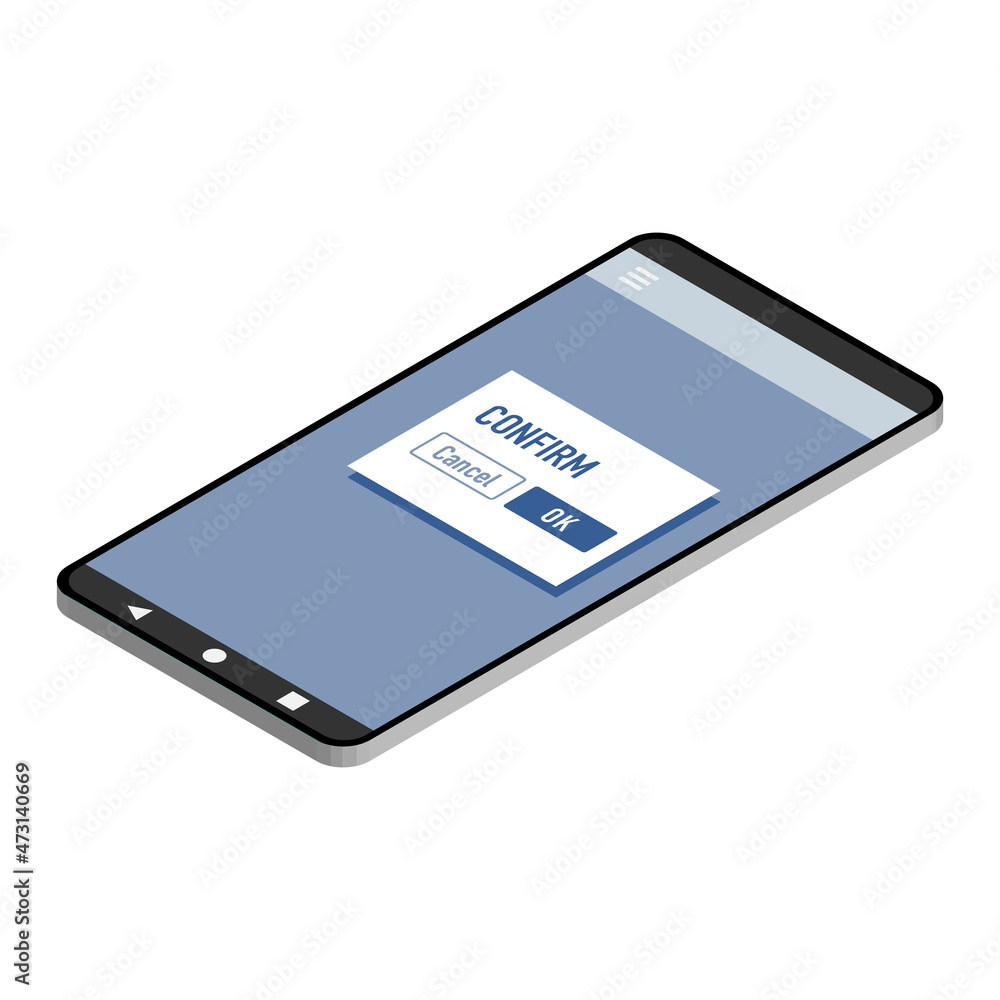 Fototapeta premium 確認画面を表示するアイソメトリックなスマートフォンベクターイラスト 上向き 