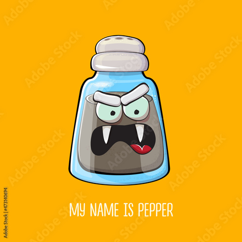 Vector cartoon pepper shaker with smiling faces isolated on orange background. Funky Kawaii pepper character. My name is pepper concept illustration for printing on tee