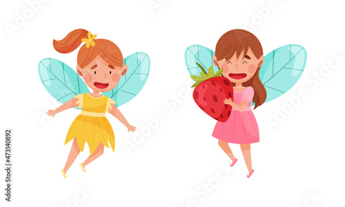 Cute flying fairies set. Adorable happy winged girls cartoon vector illustration