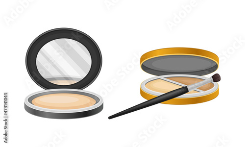 Makeup cosmetics set. Compact makeup powder and face highlighter vector illustration
