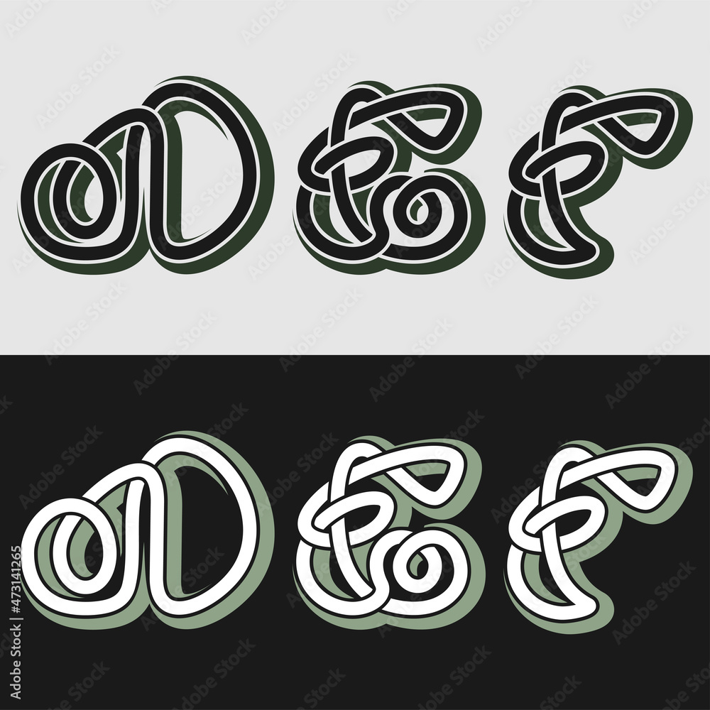 DEF of the English alphabet with Celtic designs intertwined with line on a light and dark background. DEF of the English alphabet with Celtic designs intertwined with line on a light and dark background.