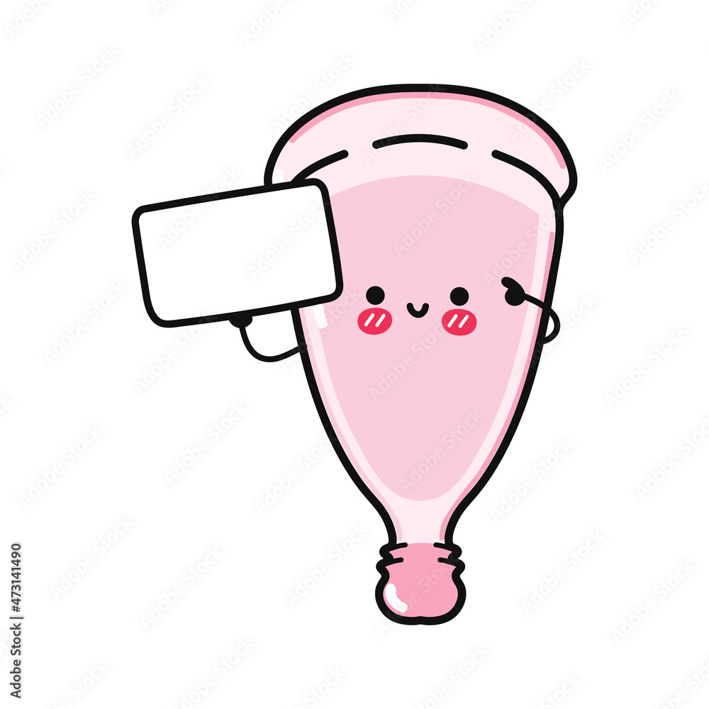 Cute funny menstrual cup with poster. Vector hand drawn cartoon kawaii character illustration icon. Isolated on white background. Menstrual cup think concept Cute funny menstrual cup with poster. Vector hand drawn cartoon kawaii character illustration icon. Isolated on white background. Menstrual cup think concept