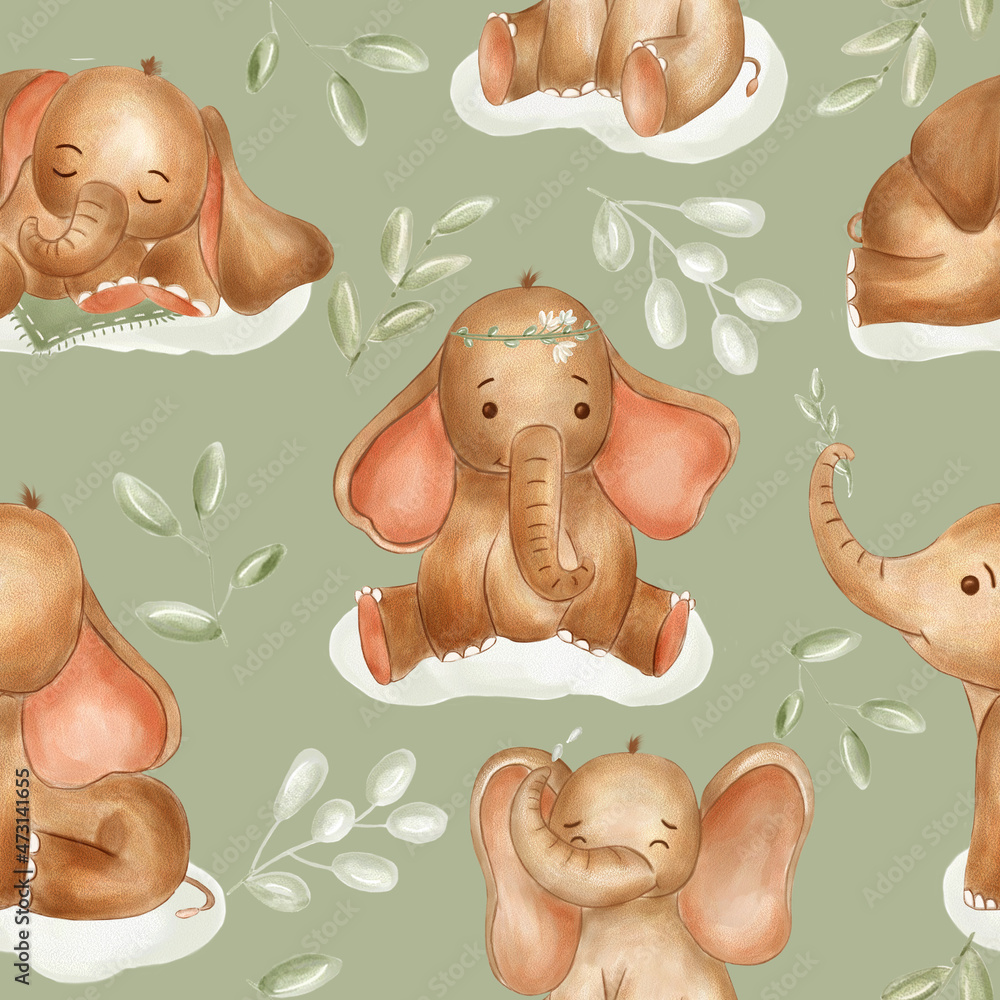 Watercolor elephants for nursery, seamless pattern on ligth green ...