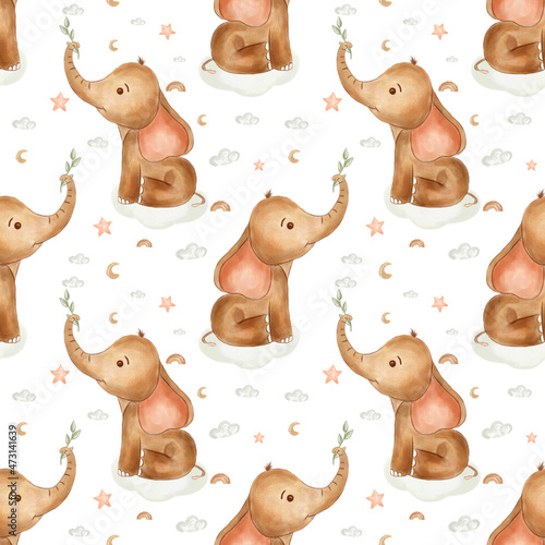 Photography Watercolor elephants for nursery, seamless  pattern on white background