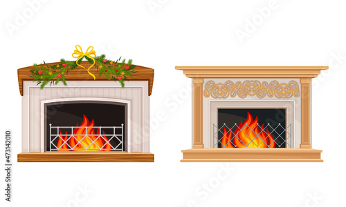 Fireplace with burning fire set. Winter holiday decoration vector illustration