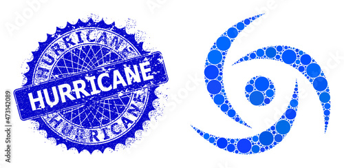 Swirl vector composition of round dots in variable sizes and blue color tints, and scratched Hurricane stamp seal. Blue round sharp rosette stamp seal contains Hurricane text inside it.