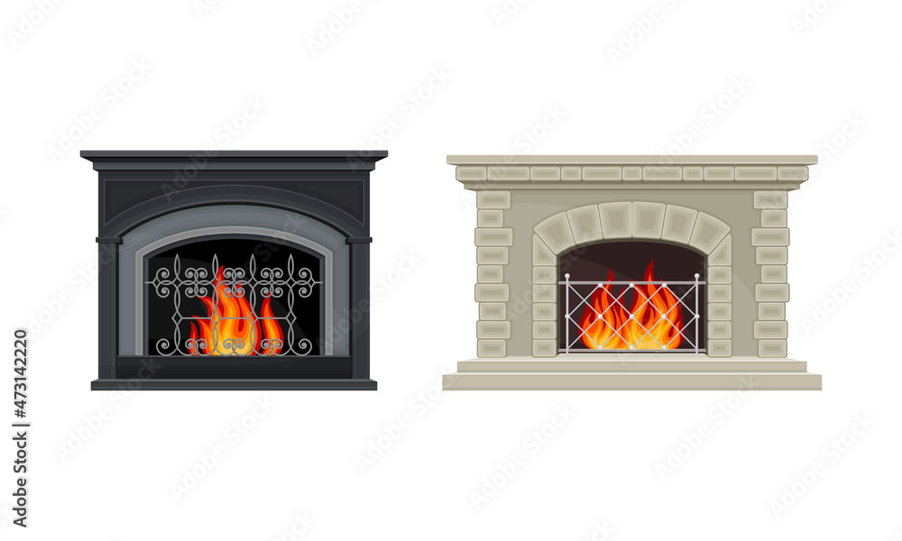Marble hearth fireplace with flaming fire set. House or room interior design vector illustration Marble hearth fireplace with flaming fire set. House or room interior design vector illustration