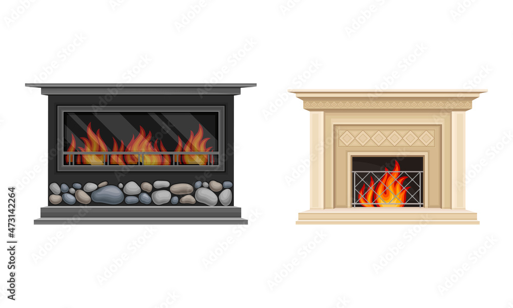 Classic hearth fireplace with flaming fire set. House or room interior design vector illustration Classic hearth fireplace with flaming fire set. House or room interior design vector illustration
