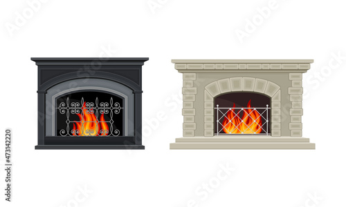 Marble hearth fireplace with flaming fire set. House or room interior design vector illustration