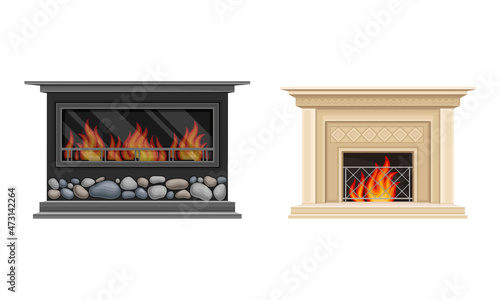 Classic hearth fireplace with flaming fire set. House or room interior design vector illustration