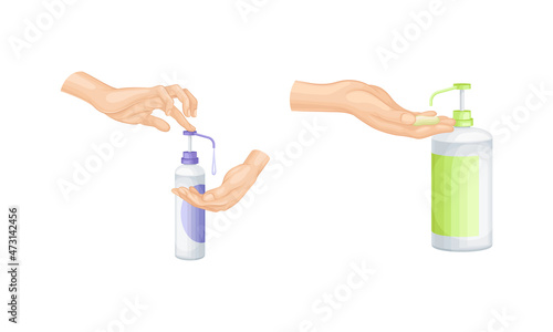 Disinfection set. Hands hygiene with sanitizer or antibacterial soap vector illustration