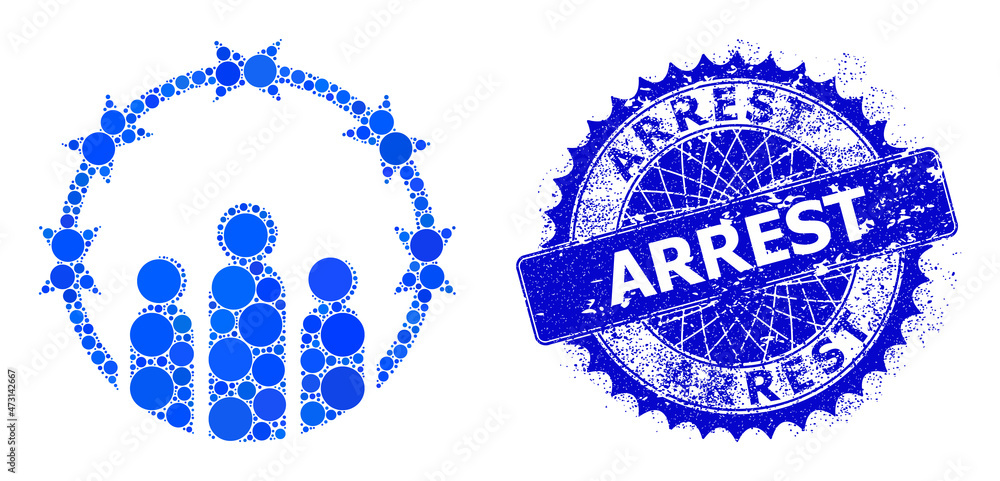 Totalitarism vector collage of circle dots in various sizes and blue color hues, and grunge Arrest seal. Blue round sharp rosette seal contains Arrest tag inside.