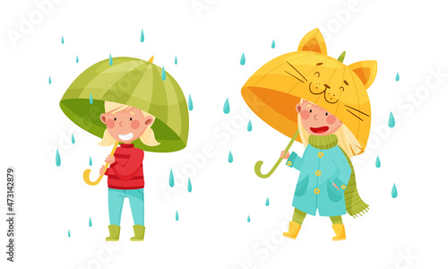 Kids playing outdoors in autumn set. Happy children walking with umbrella in rainy day cartoon vector illustration
