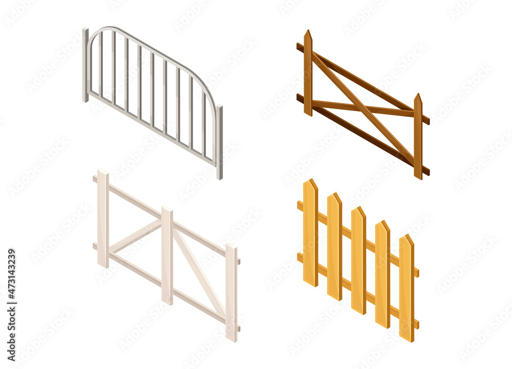 Set of farm or garden wooden fences isometric vector illustration Set of farm or garden wooden fences isometric vector illustration