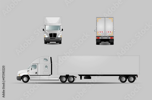 Image of a modern American road train with an insulated body. Side, back and front views. Vector illustration.
