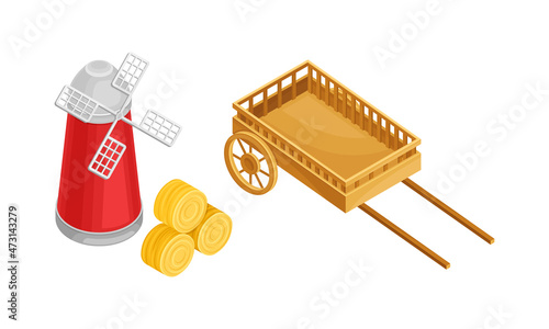 Farm objects set. Wooden cart, windnill and rolls of hay isometric vector illustration