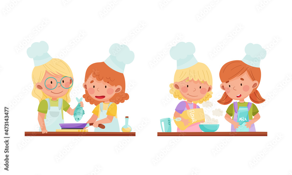 Cute kid chef characters set. Adorable children cooking and baking in the kitchen cartoon vector illustration Cute kid chef characters set. Adorable children cooking and baking in the kitchen cartoon vector illustration