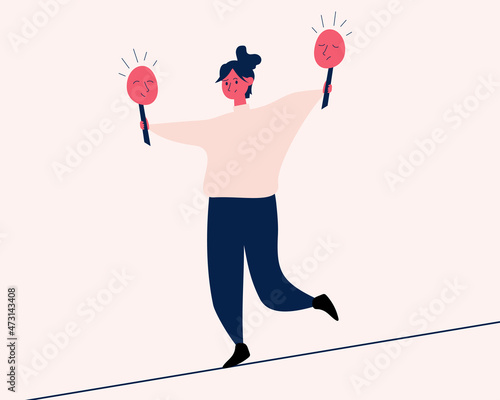 The girl is balancing between bad and good mood. The concept of pessimist and optimist, bipolar disorder. Vector flat red illustration
