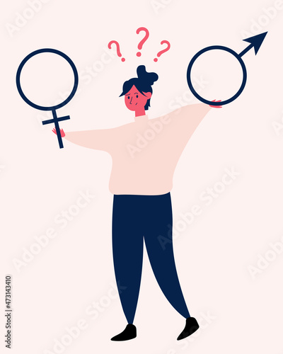 Gender identification. The girl is trying to understand her gender. Flat vector red illustration