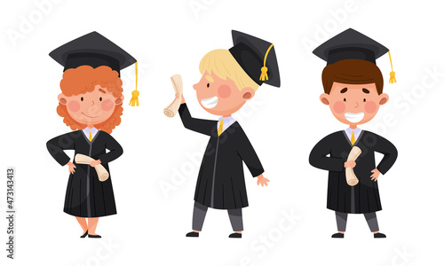 Happy kids students in graduation gown and cap at graduation ceremony vector illustration