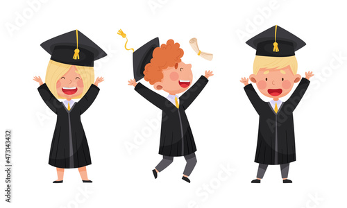 Happy kids in graduation gown and cap at graduation ceremony vector illustration